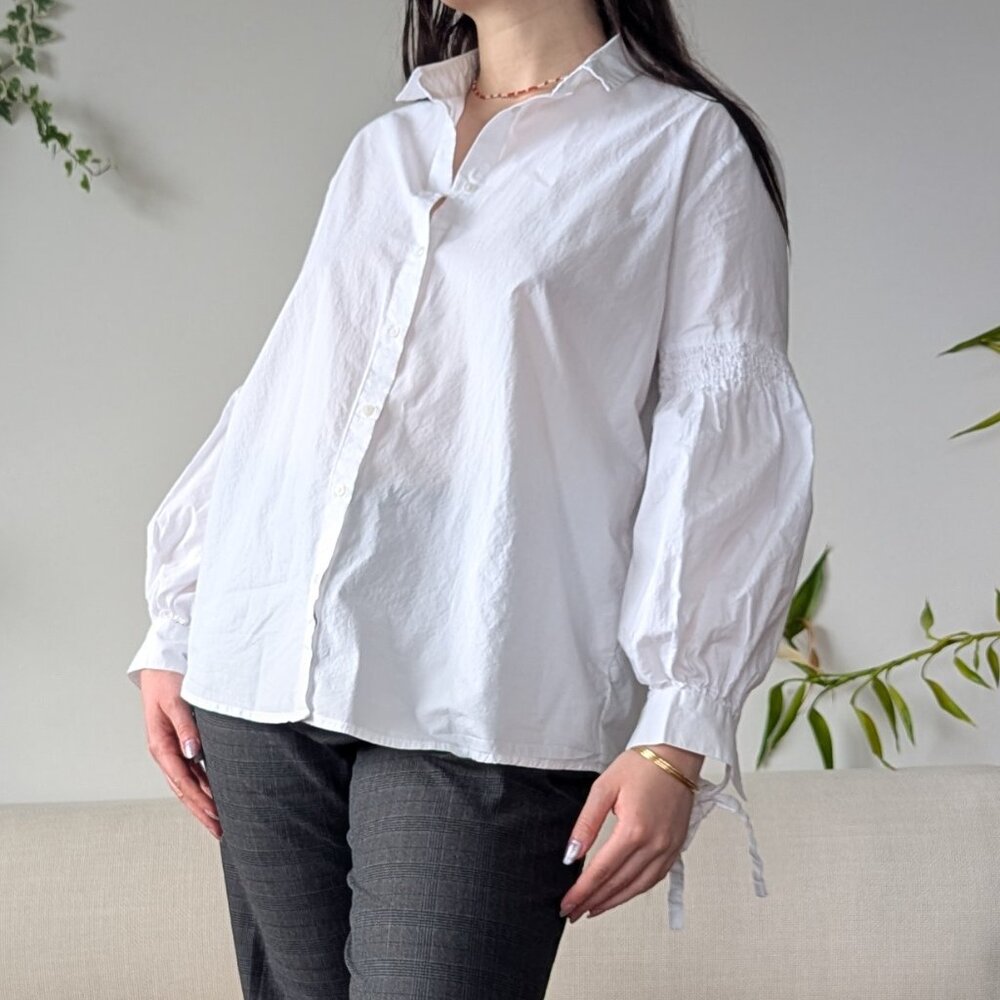Pimkie 100% Cotton White Romantic Shirt With Smocking Detail on Sleeves, Size M